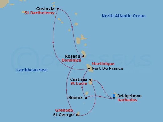 Silver Spirit - 7 Night - Bridgetown to Bridgetown - Silver Spirit - Starting in Bridgetown, Bequia, Fort-de-France, Gustavia, St Barthelemy, Roseau, St Georges, Castries, St.. itinerary map