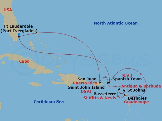 11 Night - Fort Lauderdale to Fort Lauderdale - Silver Ray - Starting in Fort Lauderdale, Florida, San Juan, St John VI, St Johns, St Kitts (Basseterre), Deshaies, Spanish Town, Fort Lauderdale, Florida itinerary map