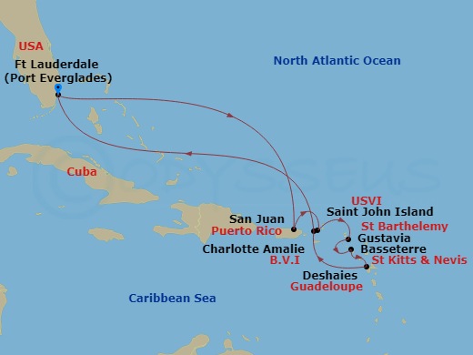 Silver Ray - 11 Night - Fort Lauderdale to Fort Lauderdale - Silver Ray - Starting in Fort Lauderdale, Florida, San Juan, St John VI, Gustavia, St Barthelemy, St Kitts (Ba.. itinerary map