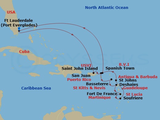 Silver Ray - 14 Night - Fort Lauderdale to Fort Lauderdale - Silver Ray - Starting in Fort Lauderdale, Florida, San Juan, St John VI, St Kitts (Basseterre), Deshaies, Fort.. itinerary map