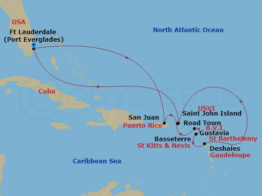Silver Ray - 11 Night - Fort Lauderdale to Fort Lauderdale - Silver Ray - Starting in Fort Lauderdale, Florida, San Juan, St John VI, Gustavia, St Barthelemy, St Kitts (Ba.. itinerary map