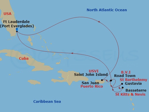 Silver Ray - 10 Night - Fort Lauderdale to Fort Lauderdale - Silver Ray - Starting in Fort Lauderdale, Florida, San Juan, St John VI, Gustavia, St Barthelemy, St Kitts (Ba.. itinerary map
