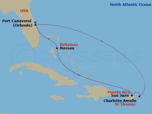 Carnival Venezia - 7 Night - Eastern Caribbean - Carnival Venezia - Starting in Port Canaveral (Orlando), Fl, Nassau, Bahamas, San Juan, Puerto Rico, St Thomas, US Virgin Island.. itinerary map