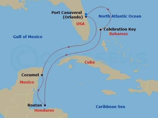 Carnival Venezia - 7 Night - Western Caribbean - Carnival Venezia - Starting in Port Canaveral (Orlando), Fl, Celebration Key, the Bahamas, Mahogany Bay, Roatan, Cozumel, Mexico.. itinerary map
