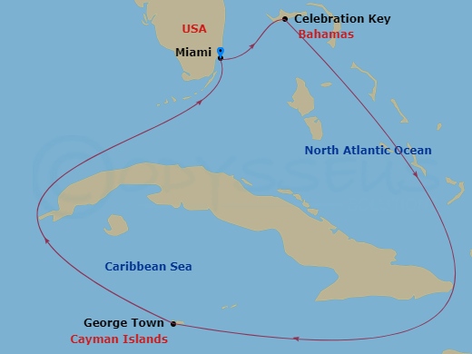 Carnival Sunrise - 5 Night - Western Caribbean - Carnival Sunrise - Starting in Miami, Fl, Celebration Key, the Bahamas, Grand Cayman, Cayman Islands, Miami, Fl itinerary map