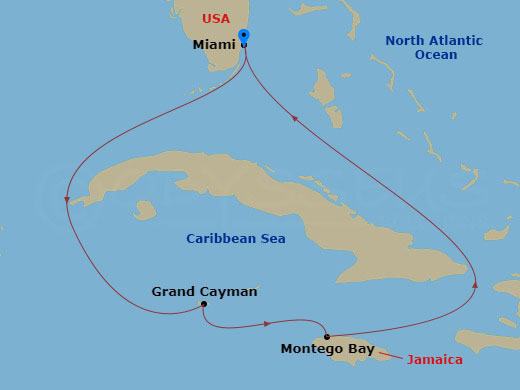 Carnival Sunrise - 5 Night - Western Caribbean - Carnival Sunrise - Starting in Miami, Fl, Grand Cayman, Cayman Islands, Montego Bay, Jamaica, Miami, Fl itinerary map