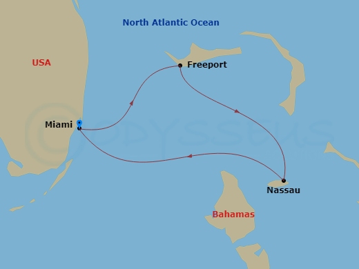 Carnival Sunrise - 4 Night - Bahamas - Carnival Sunrise - Starting in Miami, Fl, Freeport, the Bahamas, Nassau, Bahamas, Miami, Fl itinerary map