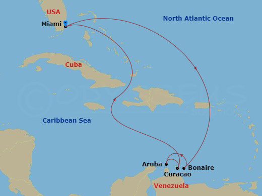 Carnival Magic - 8 Night - Southern Caribbean - Carnival Magic - Starting in Miami, Fl, Bonaire, Aruba, Curacao, Miami, Fl itinerary map