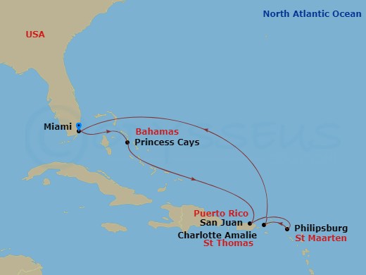Carnival Magic - 8 Night - Eastern Caribbean - Carnival Magic - Starting in Miami, Fl, Princess Cays, the Bahamas, San Juan, Puerto Rico, St Maarten, St Thomas, US Virgin Isla.. itinerary map