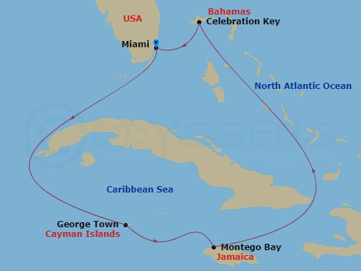 Carnival Horizon - 6 Night - Western Caribbean - Carnival Horizon - Starting in Miami, Fl, Grand Cayman, Cayman Islands, Montego Bay, Jamaica, Celebration Key, the Bahamas, Miam.. itinerary map