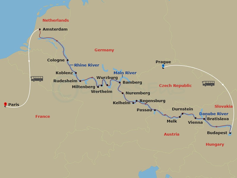 Emerald Dawn - 20 Night - Prague to Paris & Christmas Markets of Europe - Emerald Dawn - Starting in Prague, Prague / Budapest, Budapest, Bratislava, Vienna, Durnstein / Mel.. itinerary map