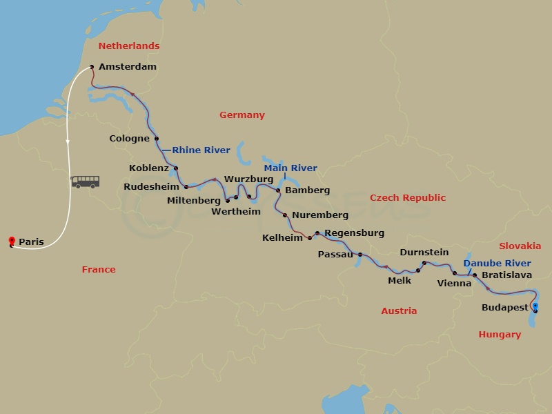 Emerald Dawn - 17 Night - Christmas Markets of Europe & Paris - Emerald Dawn - Starting in Budapest, Bratislava, Vienna, Durnstein / Melk, Passau, Regensburg / Kelheim, Nure.. itinerary map
