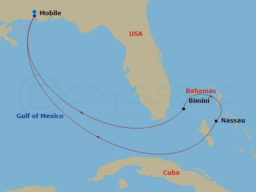 Carnival Spirit - 6 Night - Bahamas - Carnival Spirit - Starting in Mobile, Al, Bimini, the Bahamas, Nassau, Bahamas, Mobile, Al itinerary map