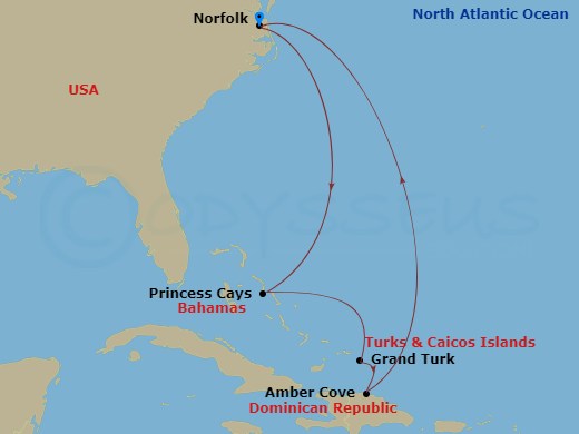 Carnival Sunshine - 8 Night - Eastern Caribbean - Carnival Sunshine - Starting in Norfolk, Va, Princess Cays, the Bahamas, Grand Turk, Amber Cove, Dominican Republic, Norfolk, Va itinerary map