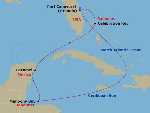 Carnival Mardi Gras - 7 Night - Western Caribbean - Carnival Mardi Gras - Starting in Port Canaveral (Orlando), Fl, Mahogany Bay, Roatan, Cozumel, Mexico, Celebration Key, the Baha.. itinerary map
