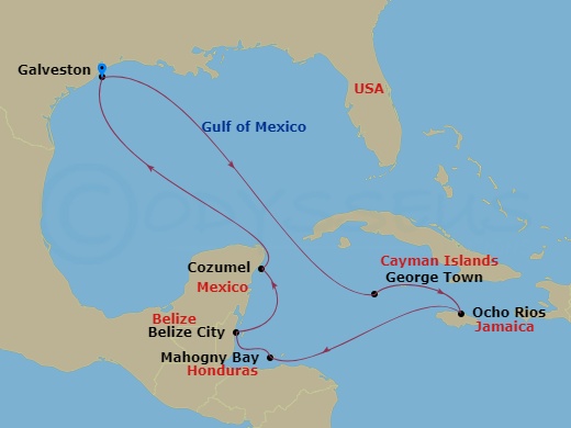 Carnival Legend - 10 Night - Western Caribbean - Carnival Legend - Starting in Galveston, Tx, Grand Cayman, Cayman Islands, Ocho Rios, Jamaica, Mahogany Bay, Roatan, Belize, Co.. itinerary map