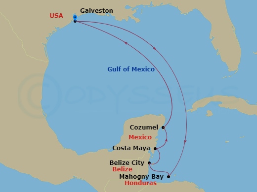 Carnival Legend - 8 Night - Western Caribbean - Carnival Legend - Starting in Galveston, Tx, Mahogany Bay, Roatan, Belize, Costa Maya, Mexico, Cozumel, Mexico, Galveston, Tx itinerary map