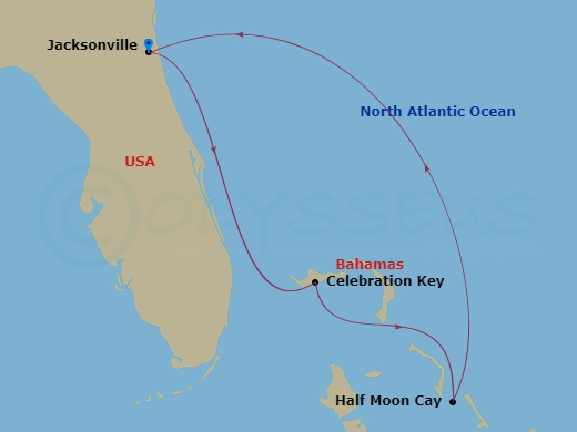 Carnival Elation - 5 Night - Bahamas - Carnival Elation - Starting in Jacksonville, FL, Celebration Key, the Bahamas, Half Moon Cay, the Bahamas, Jacksonville, FL itinerary map