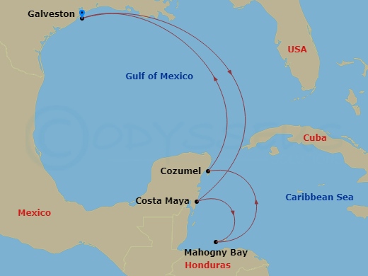 Carnival Dream - 6 Night - Western Caribbean - Carnival Dream - Starting in Galveston, Tx, Cozumel, Mexico, Mahogany Bay, Roatan, Costa Maya, Mexico, Galveston, Tx itinerary map