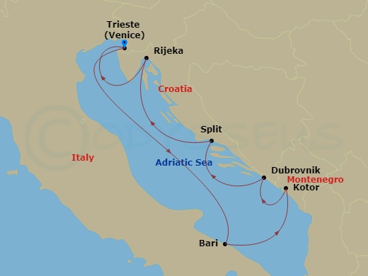 Costa Deliziosa - 6 Night - Eastern Mediterranean from Trieste - Costa Deliziosa - Starting in Trieste, Bari, Kotor, Montenegro, Dubrovnik, Croatia, Split, Croatia, Rijeka, Cro.. itinerary map