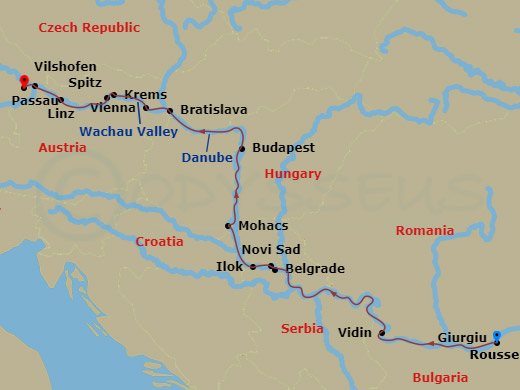 AmaMagna - 14 Night - Grand Danube Cruise - AmaMagna - Starting in Giurgiu, Rousse, Vidin, Iron Gates, Belgrade, Ilok, Mohacs, Budapest, Bratislava, Vienna, Krems, Spitz.. itinerary map