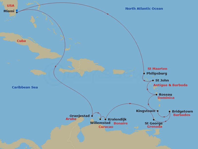 Oceania Allura - 14 Night - Holiday Havens - Oceania Allura - Starting in Miami, Oranjestad, Willemstad AN, Kralendijk, St Georges, Bridgetown, Kingstown, Roseau, St Johns, Ph.. itinerary map