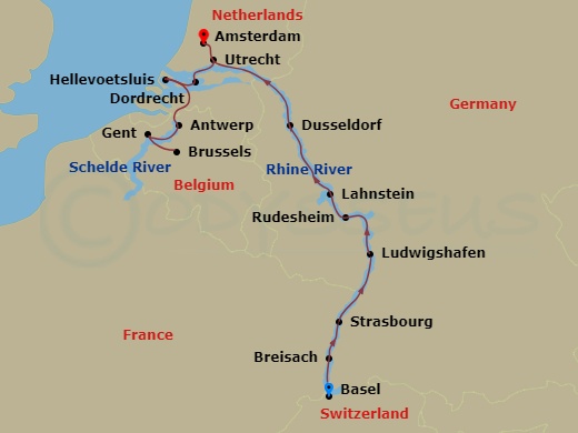 AmaStella - 14 Night - Grand Rhine & Dutch Canals (Christmas Cruise) - AmaStella - Starting in Basel, Breisach, Strasbourg, Ludwigshafen, Rudesheim, Rhine Gorge, Lahnstei.. itinerary map