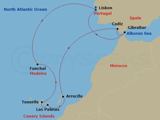 Silver Dawn - 12 Night - Lisbon to Lisbon - Silver Dawn - Starting in Lisbon, Funchal, Madeira, Santa Cruz de Tenerife, Las Palmas, Canary Islands, Arrecife, Canary Islands.. itinerary map