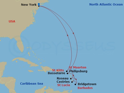 Queen Mary 2 - 12 Night - Eastern Caribbean - Queen Mary 2 - Starting in New York, NY, Philipsburg, St Maarten, Roseau, Dominica, Bridgetown, Barbados, Castries, St Lucia, B.. itinerary map