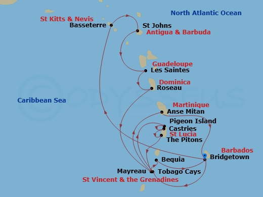 Wind Spirit - 14 Night - Star Collector : Blue Seas of the Windward Islands - Wind Spirit - Starting in Bridgetown, Basseterre, St Johns AG, Les Saintes, Roseau, Mayreau, A.. itinerary map