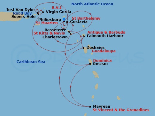 Wind Surf - 14 Night - Star Collector : Caribbean Explorations - Wind Surf - Starting in Philipsburg, St Maarten, Charlestown, Roseau, Mayreau, Deshaies, Basseterre, Gust.. itinerary map
