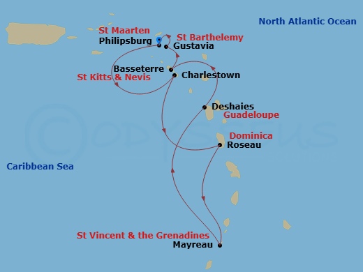Wind Surf - 7 Night - Classic Caribbean - Wind Surf - Starting in Philipsburg, St Maarten, Charlestown, Roseau, Mayreau, Deshaies, Basseterre, Gustavia, Philipsburg, St M.. itinerary map