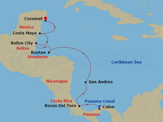 Wind Surf - 8 Night - James Beard Foundation : Mayan Legacies - Wind Surf - Starting in Colon, Bocas del Toro, Isla San Andres, Roatan, Belize City, Costa Maya, Mexico, C.. itinerary map