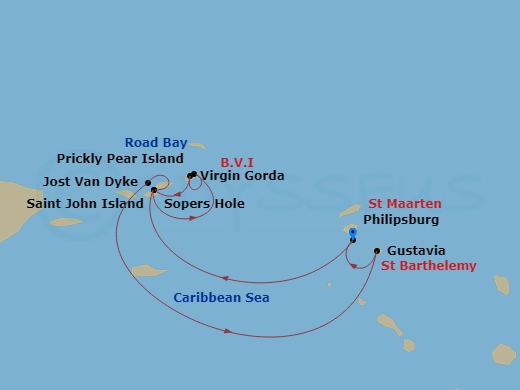 Wind Spirit - 7 Night - Beach Fun & Sun : a Remote Caribbean Getaway - Wind Spirit - Starting in Philipsburg, St Maarten, St Johns, Road Bay, Virgin Gorda / Prickly Pear, B.. itinerary map