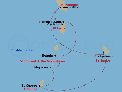 Wind Surf - 7 Night - Jewels of the Windward Islands - Wind Surf - Starting in Bridgetown, Anse Mitan, Castries, Pigeon Island, Bequia, Mayreau, St Georges, Bridgetown itinerary map