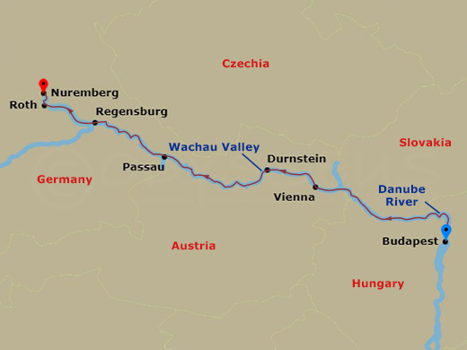 Avalon Passion - 7 Night - Christmastime On the Blue Danube Discovery - Avalon Passion - Starting in Budapest, Hungary (Embarkation), Vienna, Austria, Vienna, Durnstein, Passa.. itinerary map