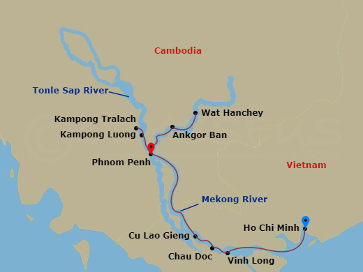 Avalon Saigon - 7 Night - Mekong Discovery (Northbound) - Avalon Saigon - Starting in Ho Chi Minh City (Embarkation), Vinh Long / Cu Lao Gieng, Chau Doc / border Crossing, Ca.. itinerary map
