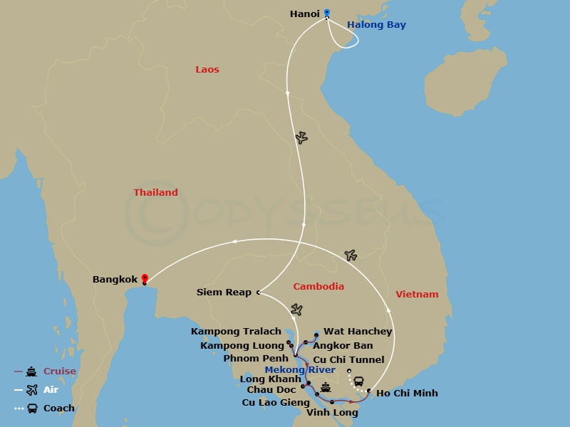 Avalon Saigon Cruise Tours - 18 Night - Fascinating Vietnam, Cambodia & the Mekong River with Hanoi, Ha Long Bay & Bangkok (Southbound) - Avalon Saigon Cruise Tours - Starting in Hanoi, V.. itinerary map