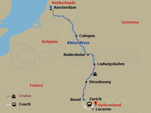 AmaSerena Cruise Tours - 12 Night - Rhine Castles & Swiss Alps with Amsterdam Pre-Cruise and Lake Como Post-Cruise - AmaSerena Cruise Tours - Starting in Amsterdam, Cologne, Rhine Gor.. itinerary map