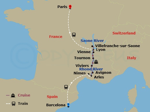AmaKristina Cruise Tours - 13 Night - Colors of Provence with Barcelona Pre-Cruise and Paris Post-Cruise - AmaKristina Cruise Tours - Starting in Barcelona, Nimes, Arles, Avignon, Vivie.. itinerary map