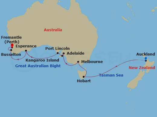 Silver Dawn - 18 Night - Auckland to Fremantle - Silver Dawn - Starting in Auckland, Hobart, Tasmania, Melbourne, Adelaide, Kangaroo Island, Port Lincoln, Esperance, Bussel.. itinerary map