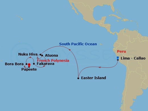 Silver Dawn - 19 Night - Lima to Papeete - Silver Dawn - Starting in Lima (Callao), Easter Island, Nuku Hiva, Marquesas Islands, Atuona / Hiva Oa, Marquesas Island, Fakarav.. itinerary map