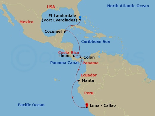 Silver Dawn - 13 Night - Fort Lauderdale to Lima - Silver Dawn - Starting in Fort Lauderdale, Florida, Cozumel, Quintana Roo, Puerto Limon, Colon, Panama Canal Transit, Man.. itinerary map