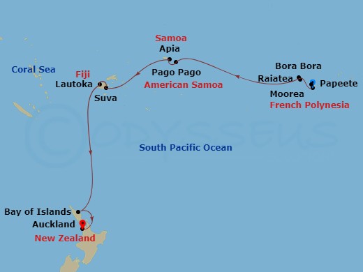 Seven Seas Navigator - 17 Night - South Pacific Overnights - Seven Seas Navigator - Starting in Papeete (Tahiti), Moorea, Raiatea, Bora Bora, Cruising the South Pacific, Pago Pago,.. itinerary map