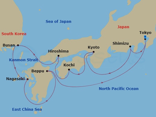 Seven Seas Explorer - 11 Night - Blossoms Across Japan - Seven Seas Explorer - Starting in Tokyo, Shimizu, Kyoto (Kobe), Kochi, Hiroshima, Cruising the Kanmon Straits, Busan, Nagas.. itinerary map