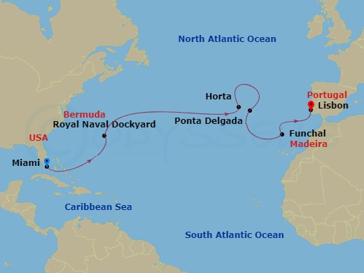 Seven Seas Splendor - 14 Night - Blue Horizons - Seven Seas Splendor - Starting in Miami, Cruising the Atlantic Ocean, Royal Naval Dockyard, Cruising the Atlantic Ocean, Horta (Azo.. itinerary map