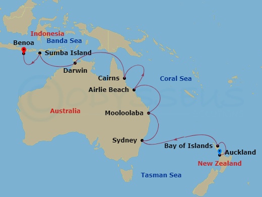 Seven Seas Mariner - 18 Night - Kiwi Charm & Aussie Delights - Seven Seas Mariner - Starting in Auckland, Bay of Islands, Cruising the Tasman Sea, Sydney AU, Cruising the Tasman S.. itinerary map