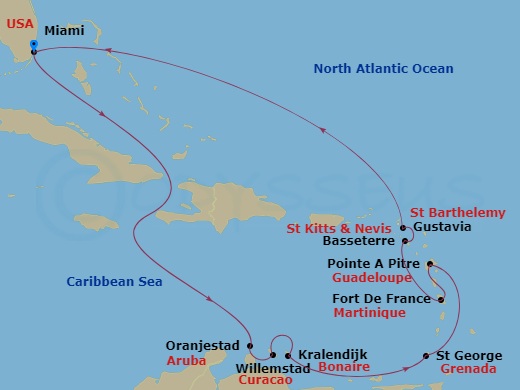 Seven Seas Grandeur - 14 Night - A Blissful Escape - Seven Seas Grandeur - Starting in Miami, Cruising the Bahamian Waters, Cruising the Caribbean Sea, Oranjestad, Willemstad AN, B.. itinerary map