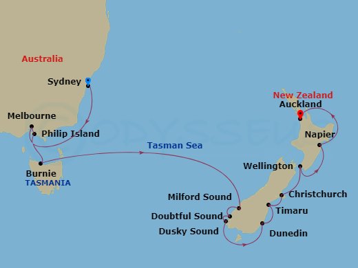 Seven Seas Explorer - 15 Night - Aussie Bites & Kiwi Sights - Seven Seas Explorer - Starting in Sydney AU, Cruising the Tasman Sea, Melbourne, Phillip Island, Burnie, Cruising the.. itinerary map