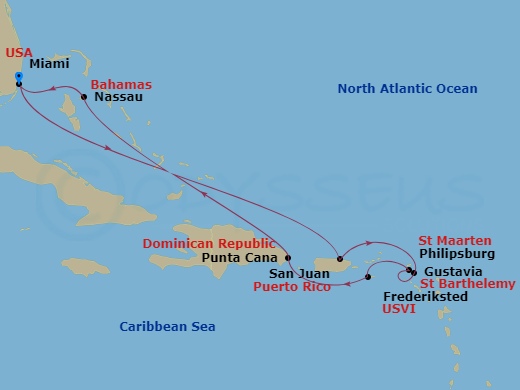 Seven Seas Grandeur - 10 Night - Island Adventures - Seven Seas Grandeur - Starting in Miami, Cruising the Bahamian Waters, Cruising the Atlantic Ocean, San Juan, Gustavia, Philips.. itinerary map